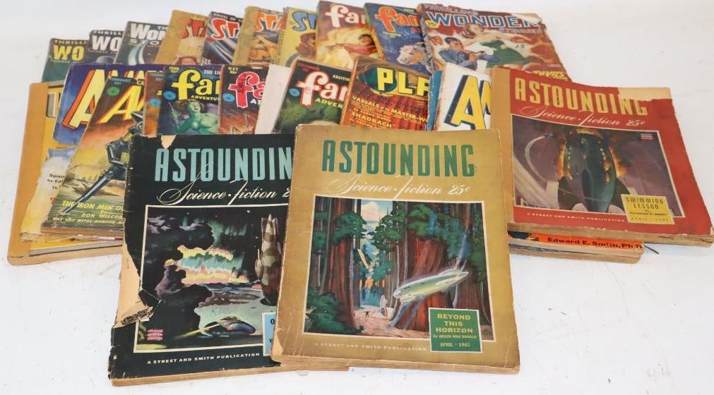Group of 22 1940's-50's Science Fiction Paperbook Magazines: Five books have binding repairs with a couple missing front cover. Largest is 11.5" x 8.5"