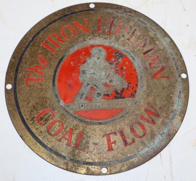 Brass Embossed The Iron Fireman Coal-Flow Advertising Sign: 5.5" x 5.5"