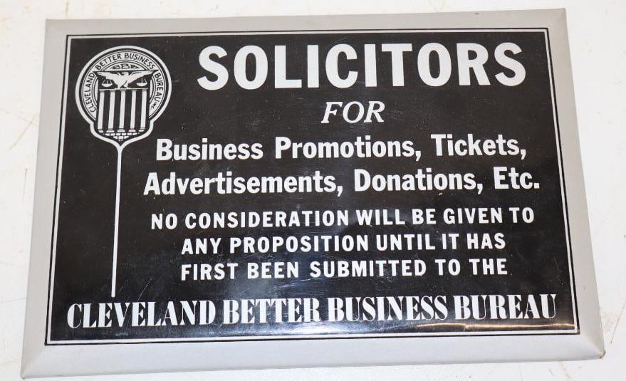 Cleveland Better Business Bureau Tin Over Cardboard Advertising Sign: 9" x 6"