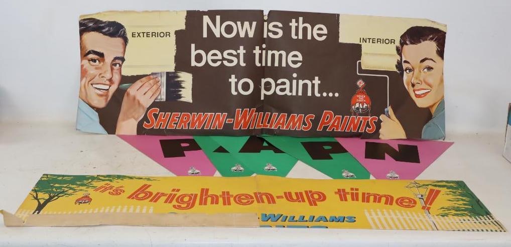 Group of 8 Sherwin-Williams Advertising Posters and Pennant Letters: Both posters have heavy wear around edges. Largest poster is 48" x 16"