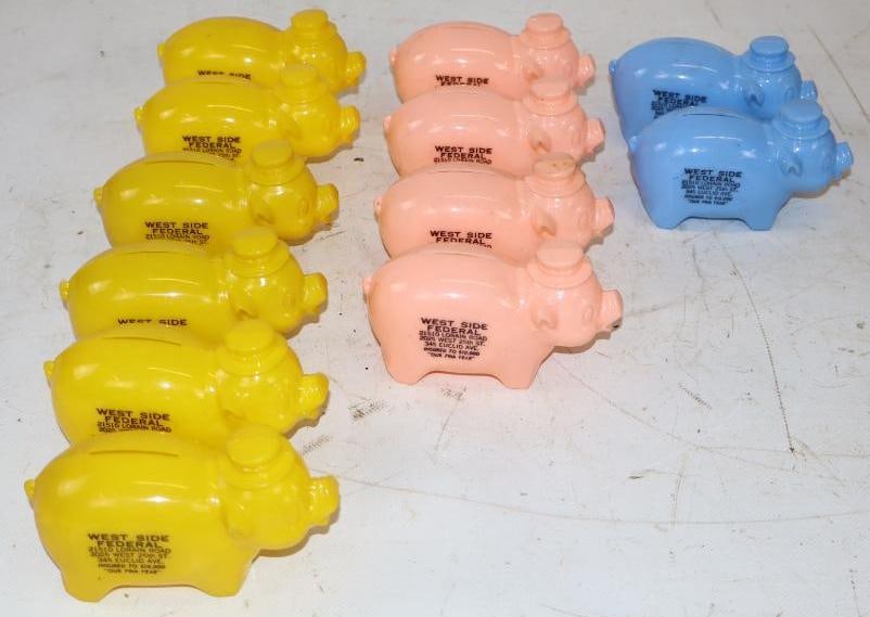 Group of 12 Pink, Blue, and Yellow West Side Federal Piggy Shaped Plastic Coin Banks: 4" x 1.75" x 2.5"