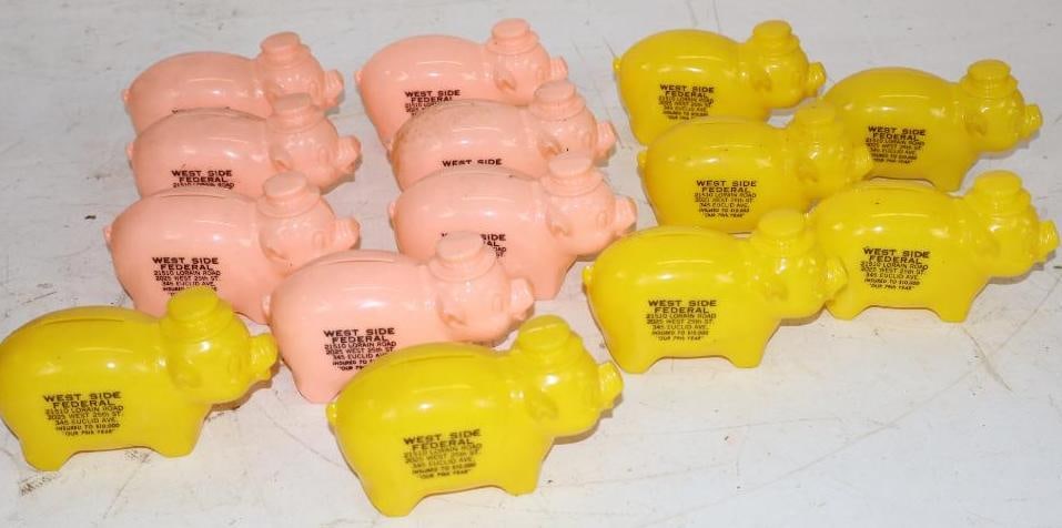 Group of 14 Yellow and Pink West Side Federal Piggy Shaped Plastic Coin Banks: 4" x 1.75" x 2.5"