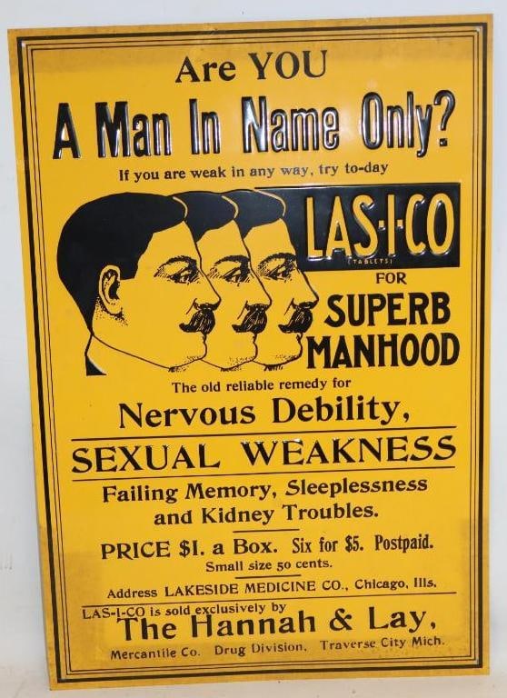 Las-i-Co Tablets for Superb Manhood Embossed Single Sided Reproduction Metal Advertising Sign: 15.75" x 23"