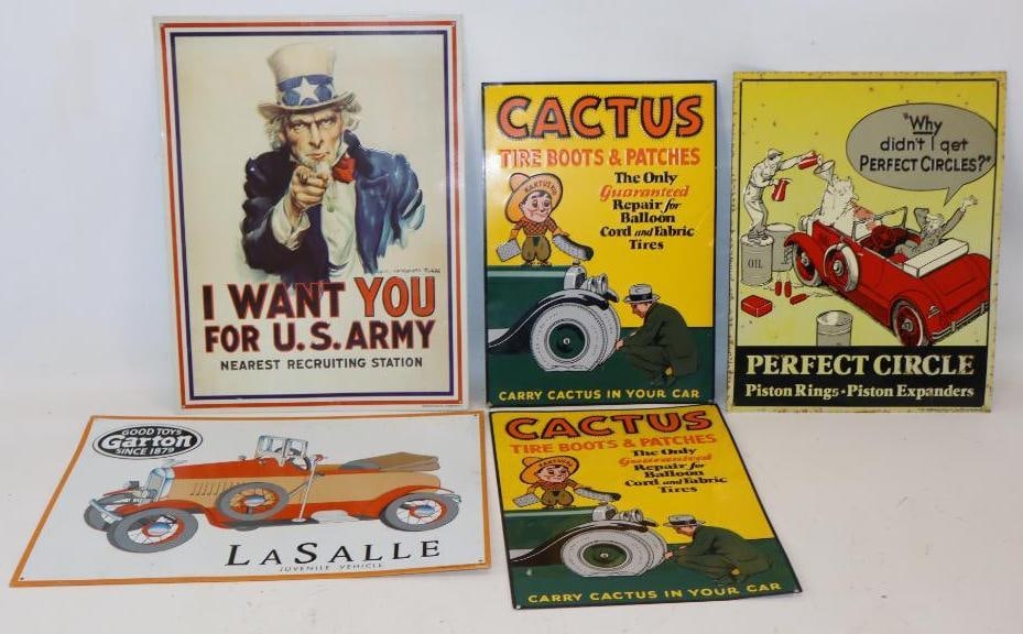 Group of 5 US Army, Cactus Balloon Tire Patches, La Salle, and Perfect Circle Reproduction: Largest is 16" x 12"