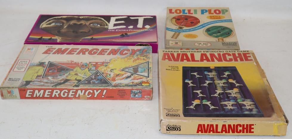 Group of 4 1960-80's Emergency!, E.T., Lollipop, and Avalanche Board Games: Largest is 17" x 9" x 1.5"