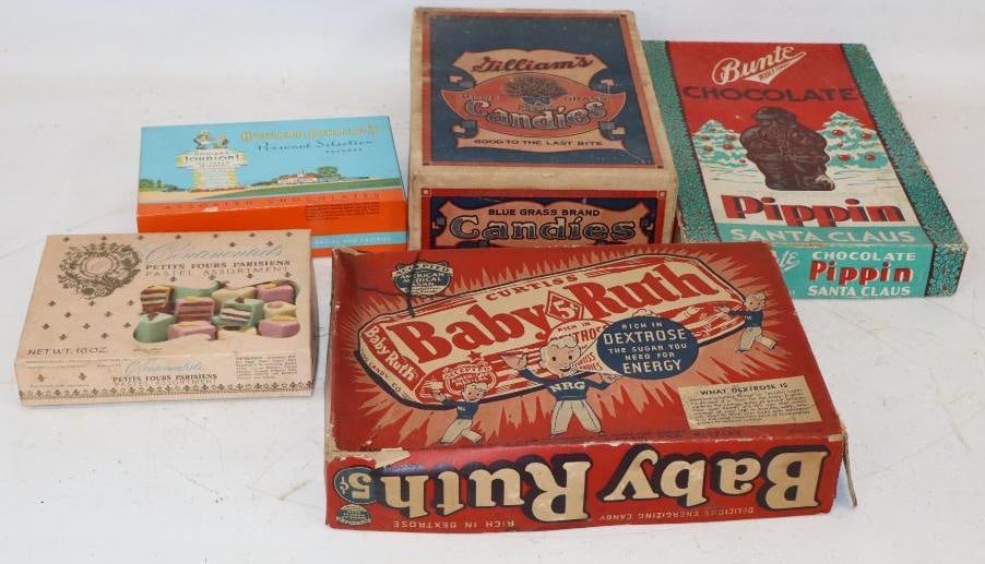 Group of 5 Baby Ruth, Pippin Santa Claus, Gilliam's Candies, Continentals Pastelle Assortment, and: Largest is 12.5" x 8" x 2"