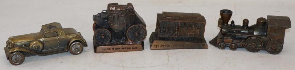 Group of 4 Car, Train, and Stagecoach Shaped Brass Coin Banks: Largest is 6.5" x 2.75" x 2.5"