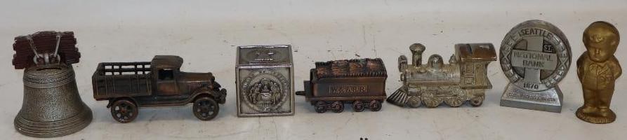 Group of 7 Metal and Cast Iron Advertising Banks: The coal tender bank is missing its bottom Largest is 4" x 4" x 5"