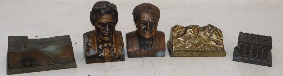 Group of 5 Bronze and Brass Coin Banks and Busts of Lincoln and Edison Paperweights (1 of 5)