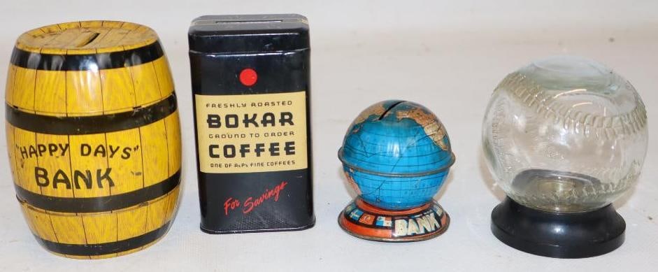 Group of 4 Globe Barrell Coffee Can, and Baseball Shaped Childrens Coin Banks (1 of 3)