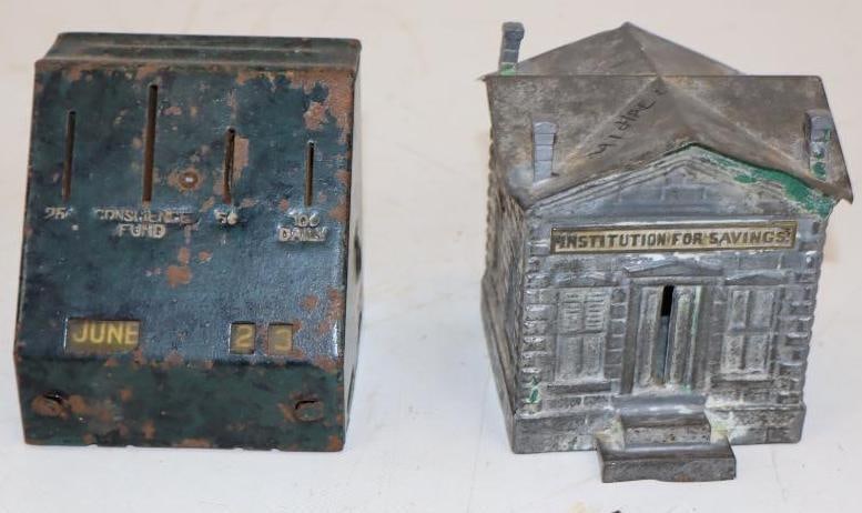 Group of 2 Institution for Savings, and Desktop Calendar Advertising Coin Banks: Largest is 3.25" x 4" x 4"