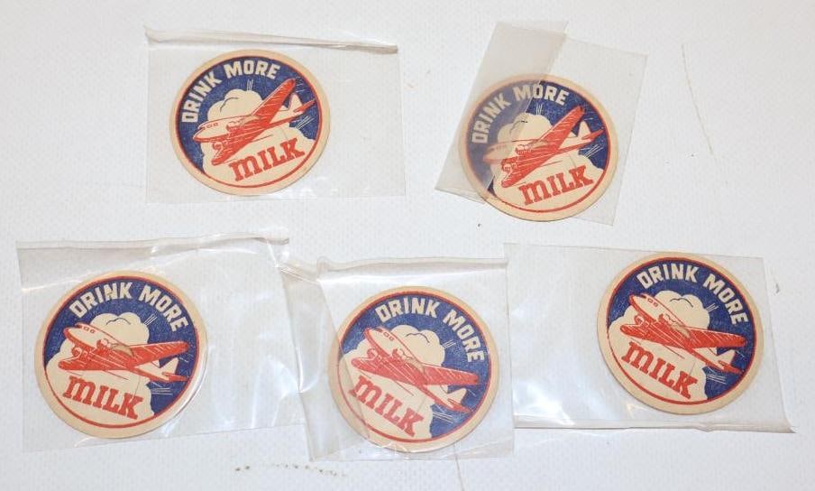 Group of 5 WWII Era Drink More Milk Airplane Unused Milk Bottle Caps (1 of 2)