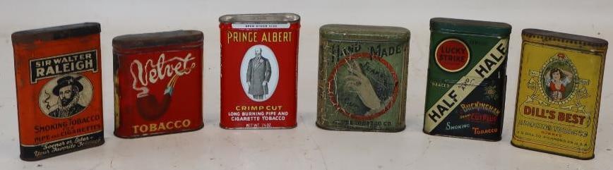 Group of 6 Velvet, Handmade, Prince Albert, Sir Walter Raleigh, Lucky Strike & Dill's Best: Largest is 3" x 4.5" x .75"