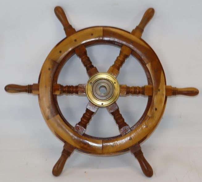 Brass & Wood Boat/Ship Steering Wheel: 24" x 24" x 2"
