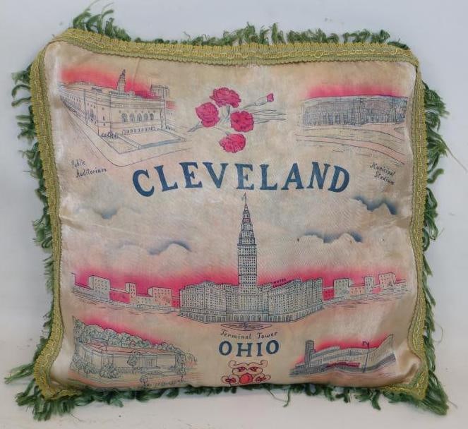 Cleveland, Ohio Silk Advertising Fringed Souvenir Pillow Case (1 of 2)