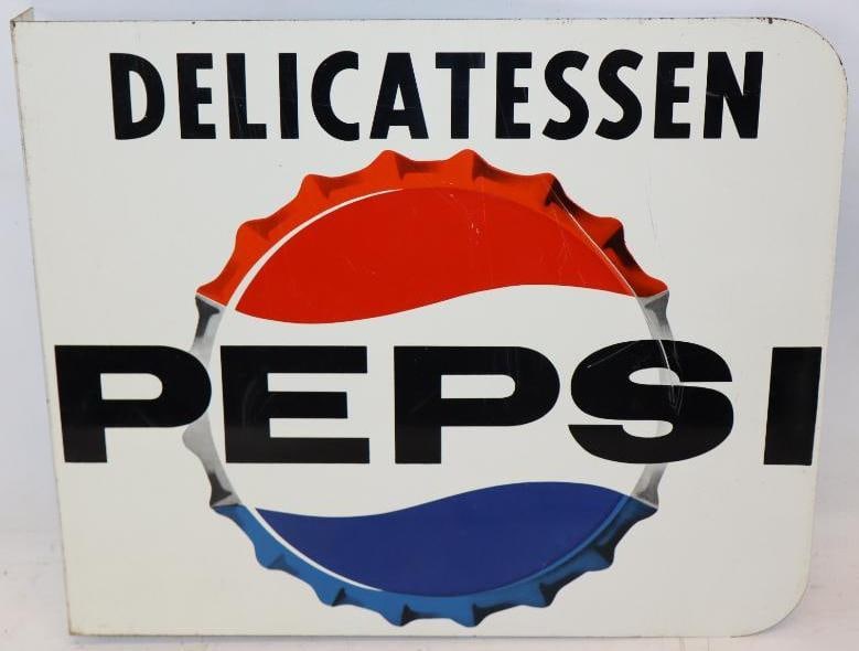 Pepsi DST Deli Flange Sign: This sign has very bright colors and gloss on both sides. The display side has very minor wear with some staining along the perimeter, the reverse has light surface wear and scratches. 15" x 18". Grad