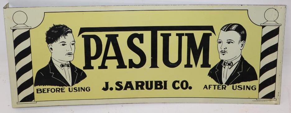 Pastum Barber Hair Products DST Sign: The display side is in good condition with only minor wear, the reverse has small areas of paint loss that remain stable. It has a makers mark of Crown Pork and Seal. 7" x 18.5". Graded 8.75 and 8.25.