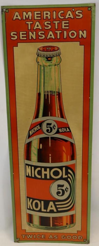 Nichol Kola Embossed SST Sign: This is the more difficult to find early version. It does have some even discoloration throughout and paper marks throughout. It is marked Parker Metal Co. 35.5" x 12". Graded 8.5.