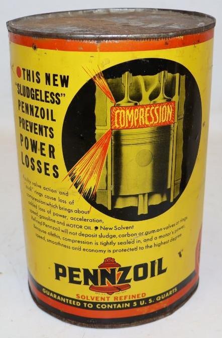 Pennzoil Piston Graphics 5 Quart Motor Oil Can: The top lid had been cut off but appears to be re-soldered back on and it is missing the bottom lid. It has some light wear throughout the field. 9.5" x 6.5". Graded 8.25.