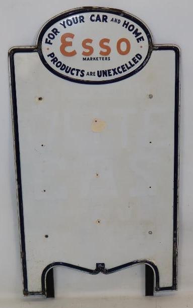 Esso Products For Your Car and Home Embossed SSP Porcelain Rack Sign: This sign shows some discoloration and staining throughout the field, with a few areas of touchup as well as some fading to the red. There are also chips along the raised self framed border. 45" x 24"