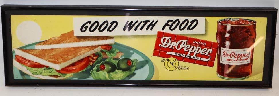 Dr Pepper "Good With Food" Diner Advertising Sign: This is a framed paper sign in very good condition with only minor wear. 7" x 23.25". Graded 9.