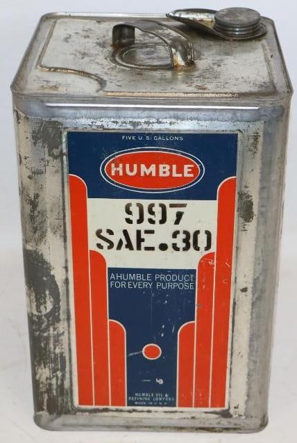 Humble 997 5 Gallon Oil Can: This can shows good color throughout with some light wear and minor surface scratches. 9.5" x 9.5" x 15". Graded 8.25.