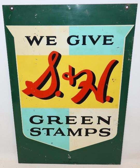 S&H Green Stamps DST Advertising Sign: Both sides show some surface wear and scratches throughout the field as well as some minor staining. It is marked The Mathews Company 29.5" x 20". Graded 7.75 and 8.