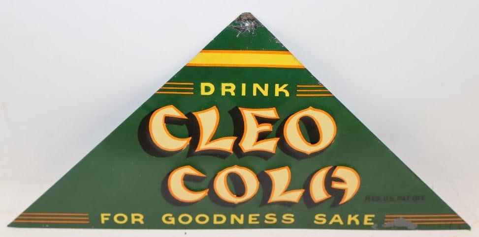 Drink Cleo Cola Embossed SST Advertising Sign: This sign has very good color and gloss with some slight edge wear, along with a mounting hole at the top center. 6.5" x 12.75". Graded 8.75.