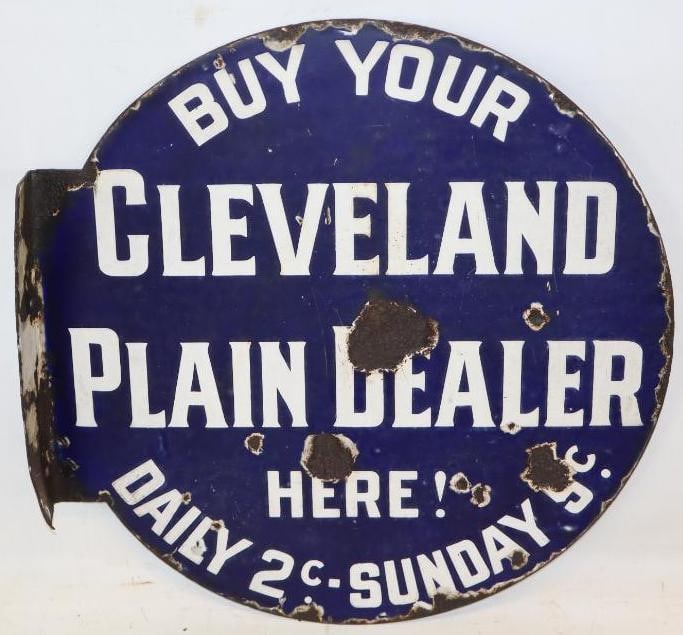 Cleveland Plain Dealer Newspaper Porcelain Flange Sign: This sign has chips to the display side, and larger chips on the reverse as well as chips around the mounting edge. 18" x 18". Graded 7 and 6.