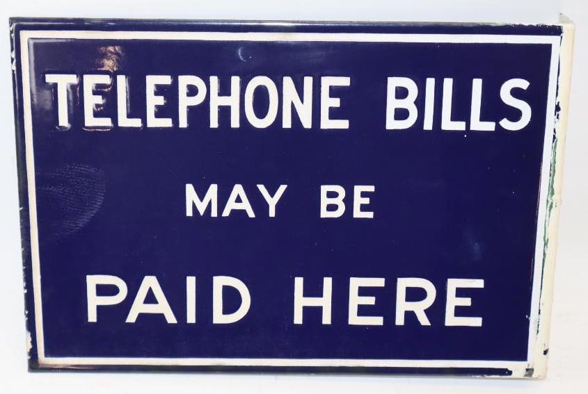 Telephone Bills May Be Paid Here DSP Porcelain Flange Sign: This sign has good color and gloss on both sides and is in very nice overall condition. The flange edge has been painted over but is also in nice condition. 8.25" x 12". Graded 9 and 9.