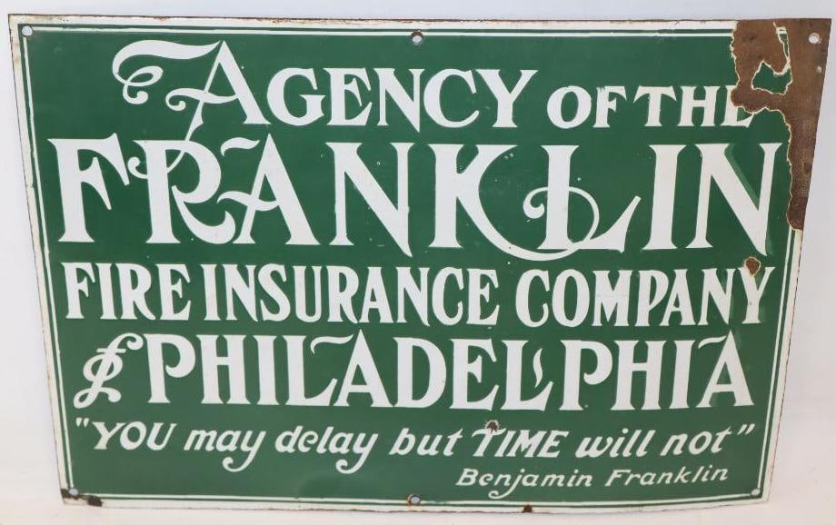 Franklin Fire Insurance Company of Philadelphia SSP Porcelain Sign: This sign has a few chips to the field and at the top right corner. 13.5" x 20". Graded 8.