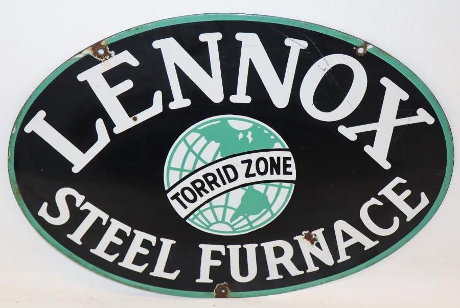 Lennox Steel Furnace DSP Porcelain Hanger Sign: This sign shows some surface wear and scratches to the field as well as a couple of chips to the field and at the mounting holes. There is also one hole added to the bottom center. 14" x 20". Graded 8