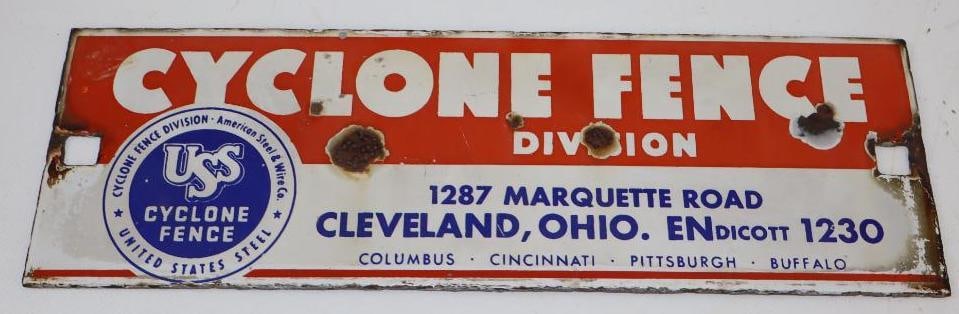Cyclone Fence Porcelain Advertising Sign: 13x4.25
