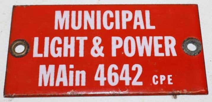 Municipal Light and Power Porcelain Sign: 4x2