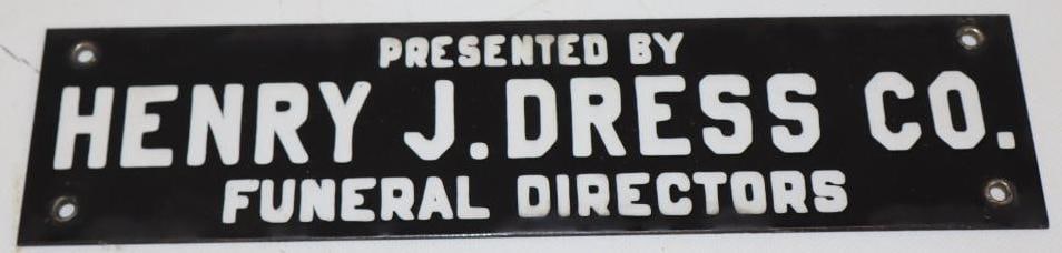 Henry J Dress Co Funeral Directors Porcelain Advertising Sign: 11.5x2.75