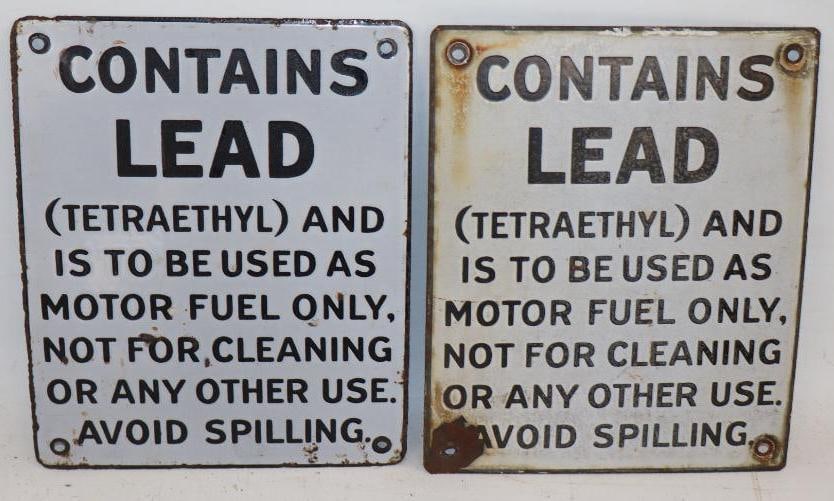 Group of 2 Contains Lead Porcelain Gas Pump Signs (1 of 4)