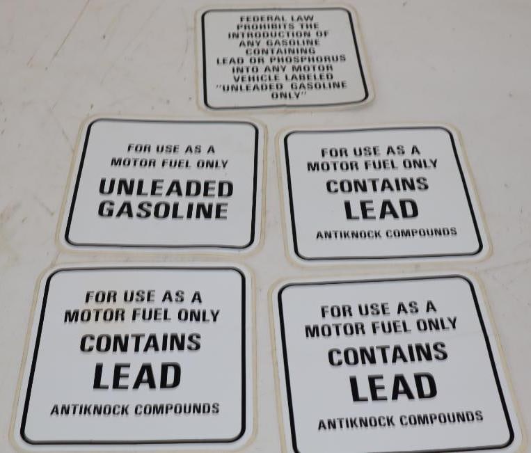 Group of 5 Contains Lead Antiknock Compounds Gas Pump Adhesive Decals: 6.5x6.5 Each