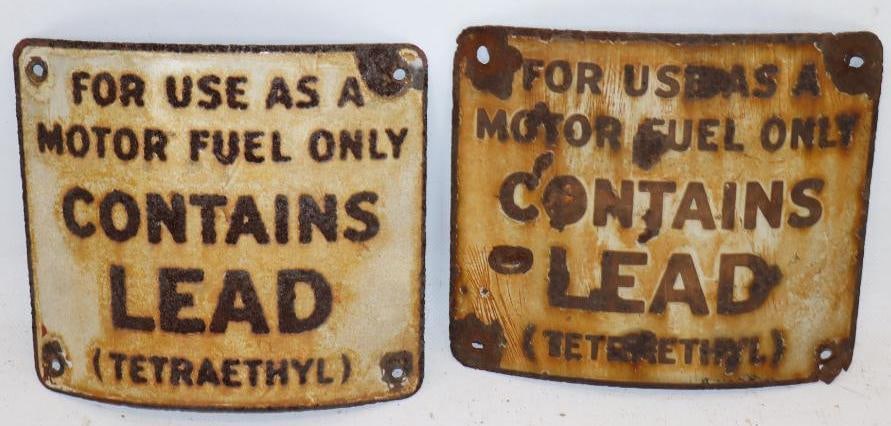 Group of 2 Contains Lead Tetraethyl Curved Porcelain Gas Pump Signs: 7x6 Each