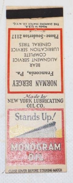 Monogram Oil Advertising Matchbook: 4.5" x 1.5", empty