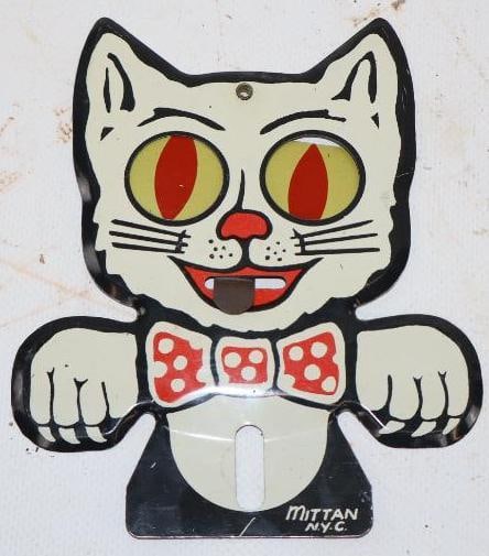 Felix the Car with Moving Eyes Tin Litho License Plate Topper: 3.25" x 5", marked Mittan NYC