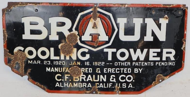 Braun Cooling Tower Single Sided Porcelain Advertising Sign: 24" x 12"