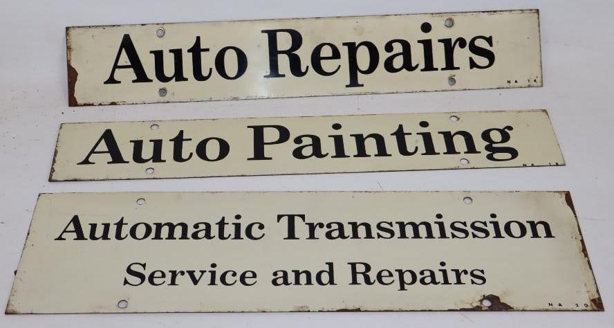 Group of 3 Double Sided Painted Metal Auto Painting, Repairs, and Transmission Service Signs (1 of 5)