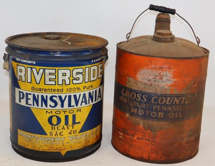 Group of 2 Cross Country and Riverside 5 Gallon Motor Oil Cans (1 of 3)
