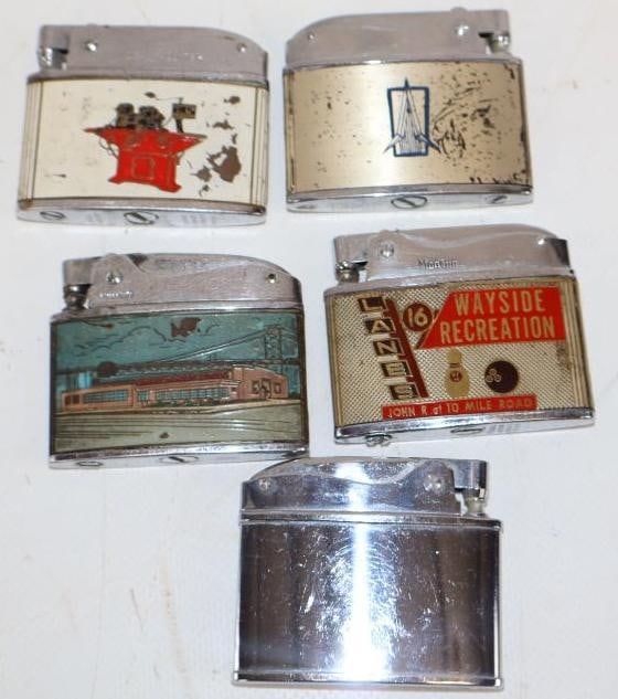 Group of 5 Ideal and Modern Refillable Advertising Lighters: 2x1.75 Each