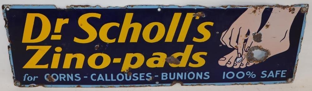 Dr Scholl's Zino-Pads Single Sided Porcelain Advertising Sign: 23.5" x 7.5", marked Made in USA