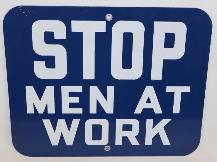 Single Sided Porcelain Stop Men At Work Warning Sign (1 of 2)
