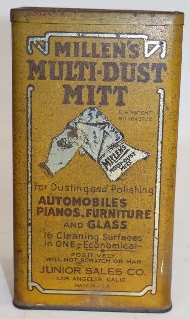 Millen's Multi Dust Mit For Automobiles Advertising Tin: 3.5x1.75x6.5 Contains Dusting Mit