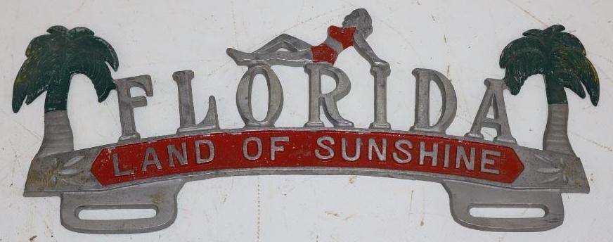 Florida Land Of Sunshine Die Cut Aluminum License Plater Topper: 12.25x5.5