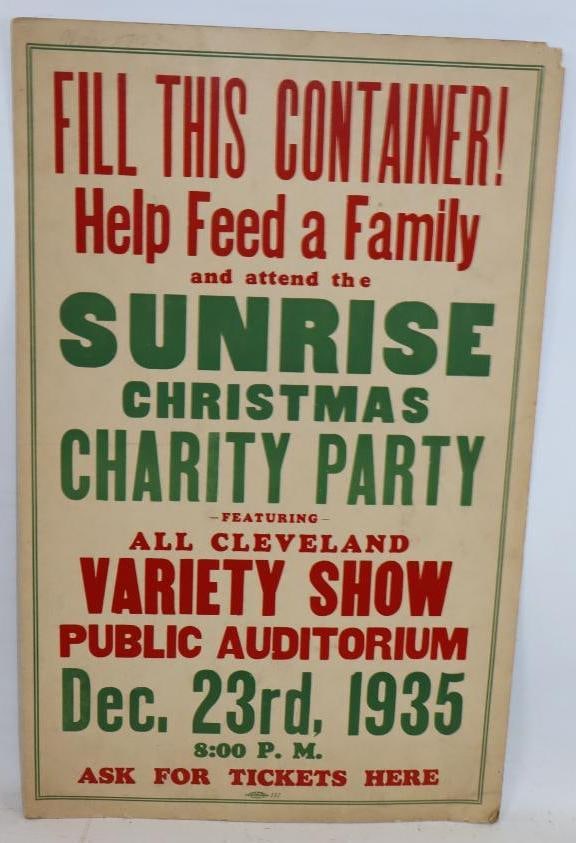 1935 Sunrise Christmas Charity Party Cardboard Advertising Sign: 14x22