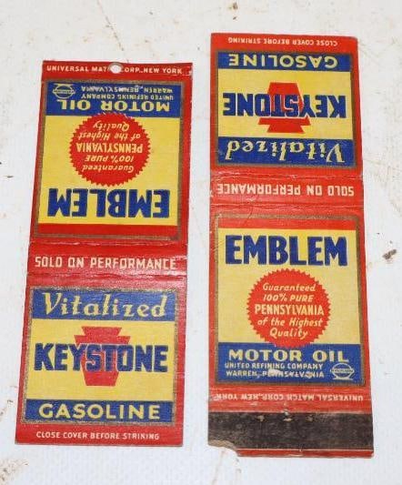 Group of 2 Lucky Penn and Emblem Motor Oil Advertising Matchbooks: largest 4.5" x 1.5", empty